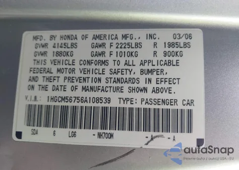 2006 Honda Accord 2.4 Ex из США, поврежденный, VIN 1HGCM56756A108539